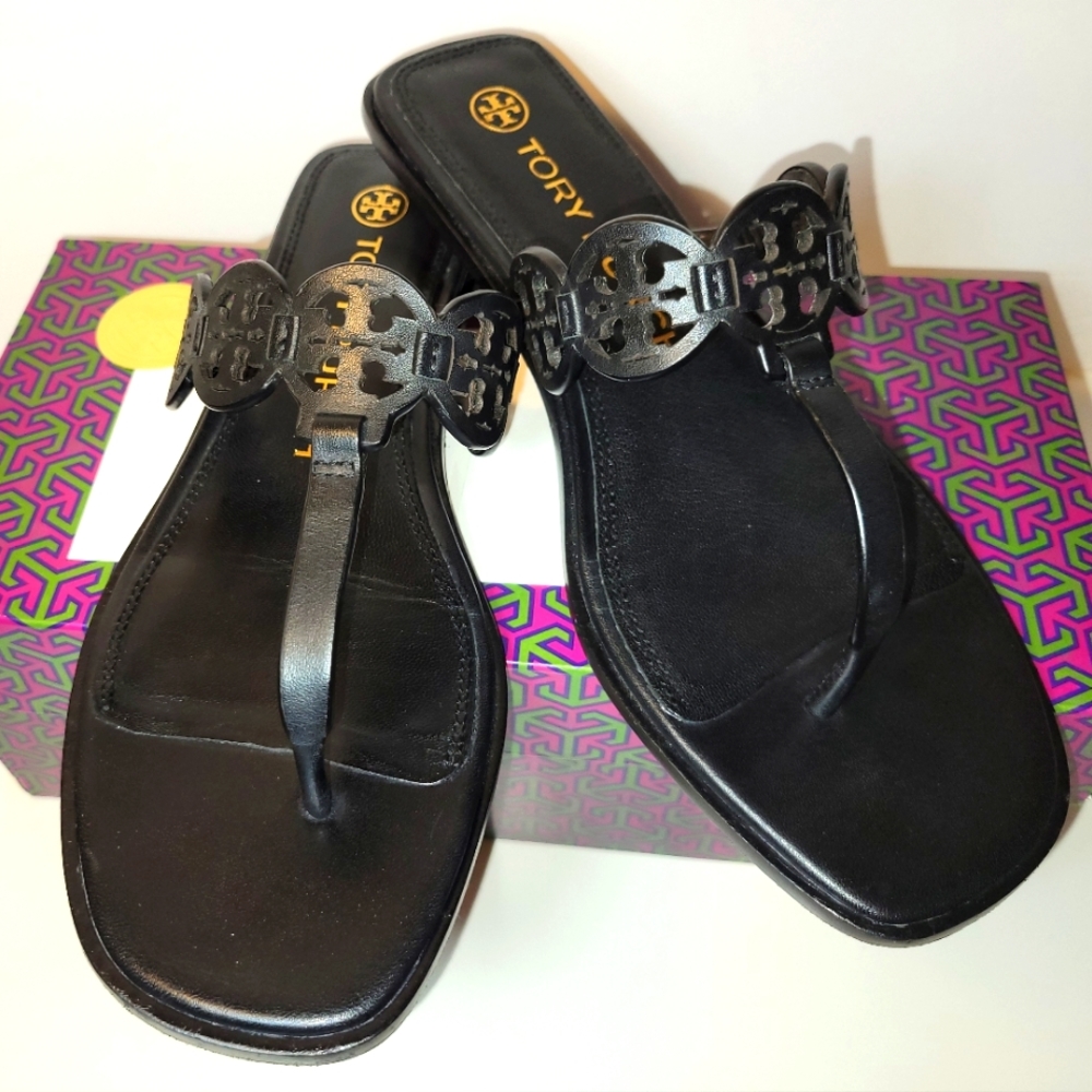 Tory Burch Tiny Miller 10mm Sandal Black Leather Women's Size 8.5